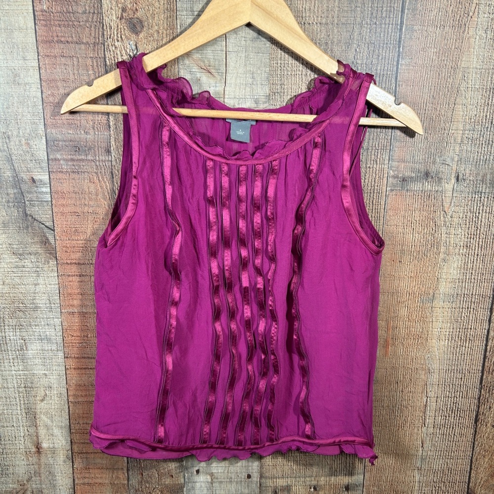 Ann Taylor Silk Sleeveless Blouse Magenta Purple Ribbon Trim Ruffle Top Size 6